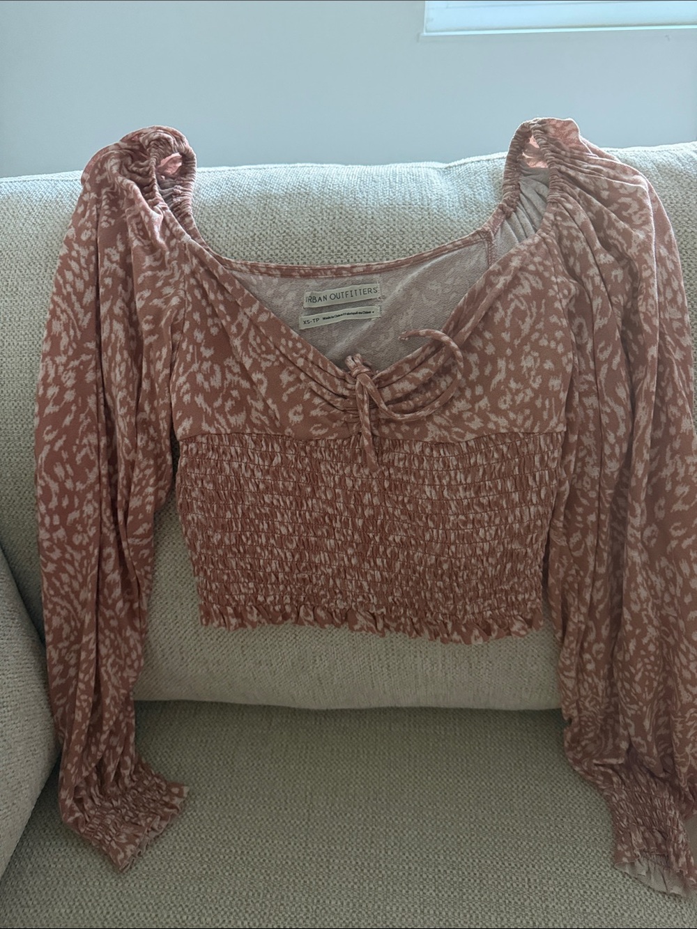 Urban Outfitters Dusty Mauve Leopard-Print Smocked Crop Top